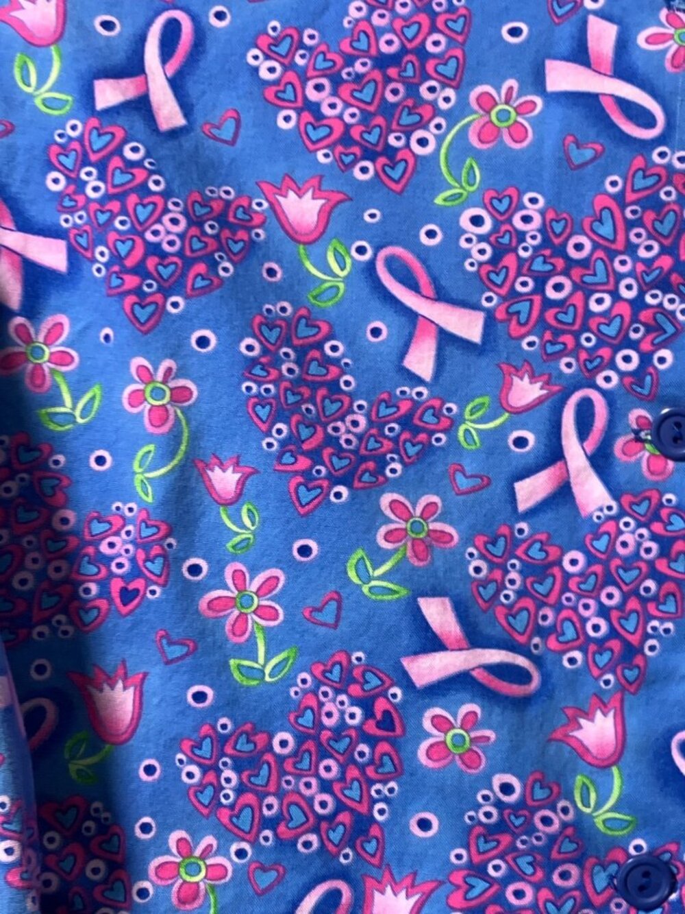 Peaches Womens Blue Pink Ribbon and Floral Print Scrub Jacket100% Cotton - Picture 2 of 13
